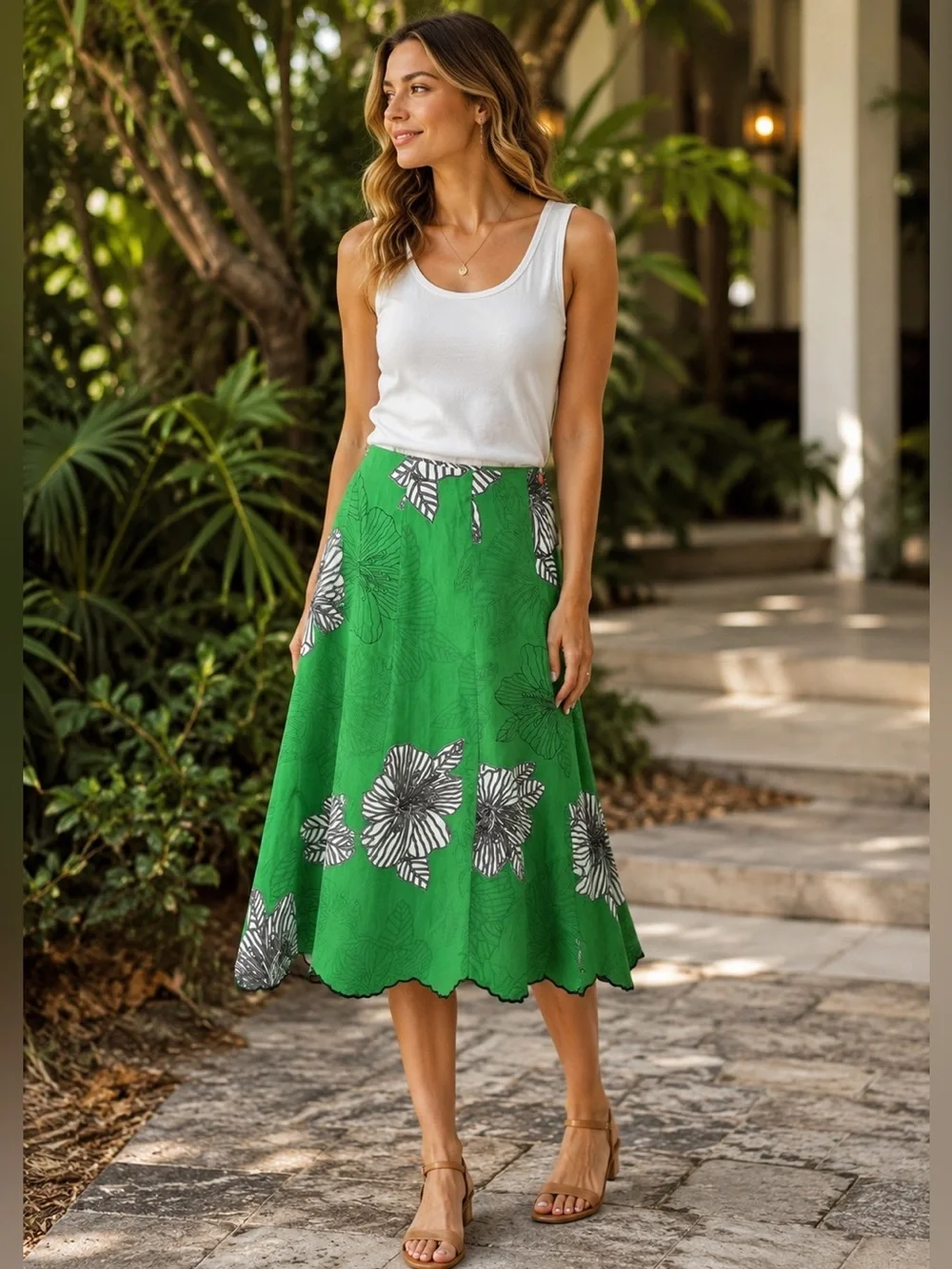 Sunny Leigh 100% Cotton Artsy Green Floral Gored Skirt Size 8 Scalloped Hem